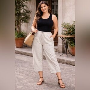 Karen Scott Beige Capri Pants | 1X | 100% Cotton | New | Drawstring Waist